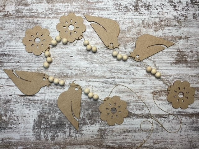 DIY Spring Wood Bead Garland with Flowers and Birds for Fireplace Mantel | Laser Cut DIY Craft Kit