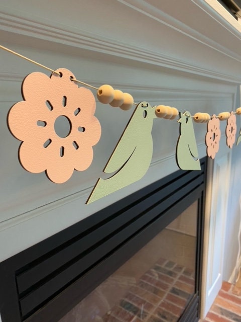 DIY Spring Wood Bead Garland with Flowers and Birds for Fireplace Mantel | Laser Cut DIY Craft Kit