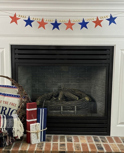 Patriotic Wood Bead Garland with Stained Stars for Fireplace Mantel, Laser cut Garland, Patriotic Wood Garland