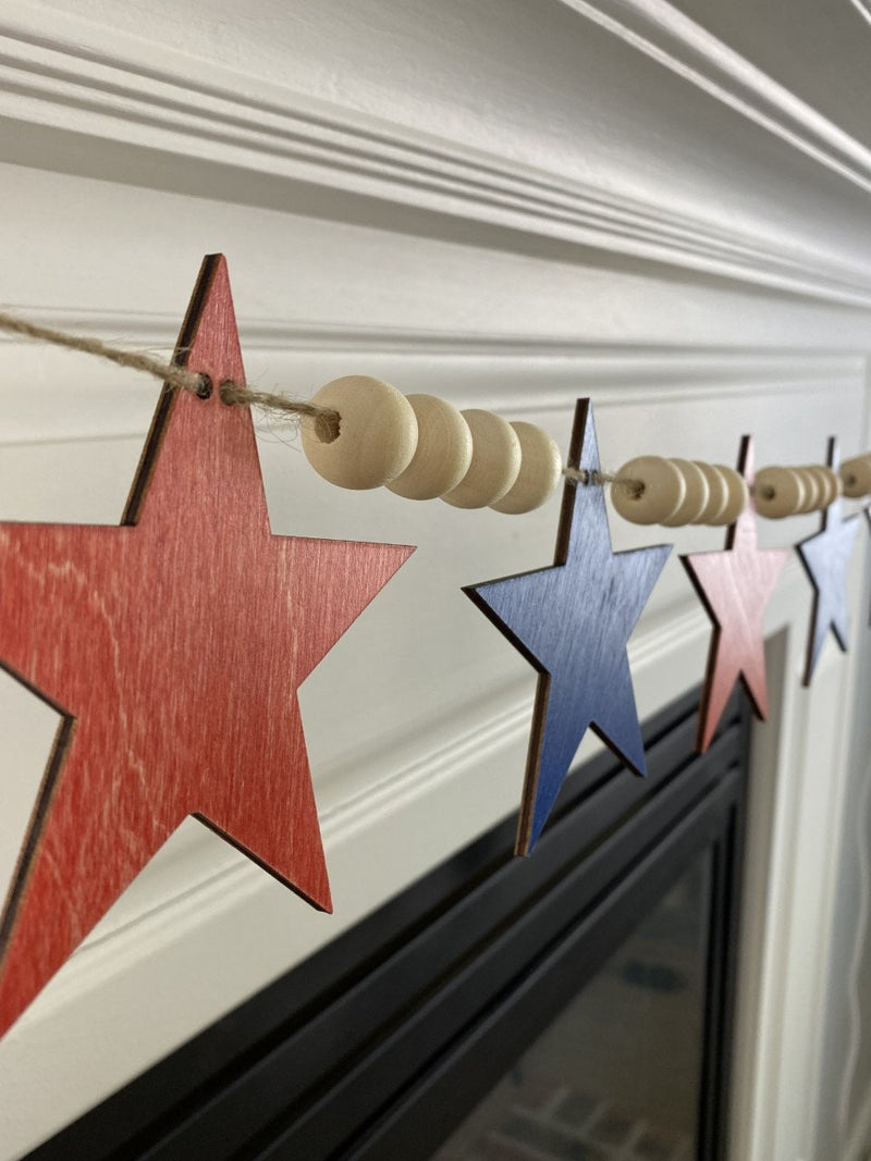 Patriotic Wood Bead Garland with Stained Stars for Fireplace Mantel, Laser cut Garland, Patriotic Wood Garland