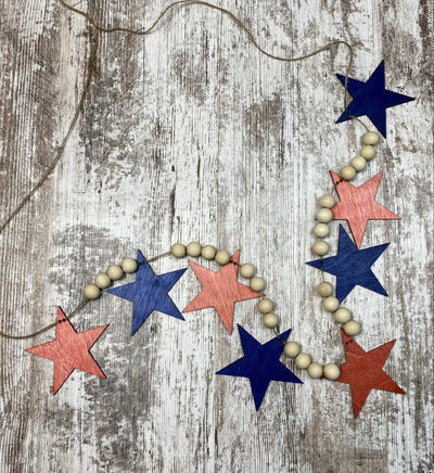 Patriotic Wood Bead Garland with Stained Stars for Fireplace Mantel, Laser cut Garland, Patriotic Wood Garland