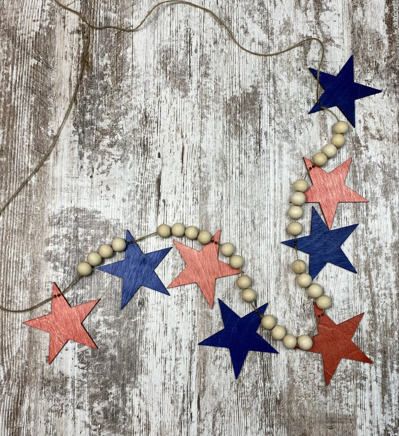 Patriotic Wood Bead Garland with Stained Stars for Fireplace Mantel, Laser cut Garland, Patriotic Wood Garland