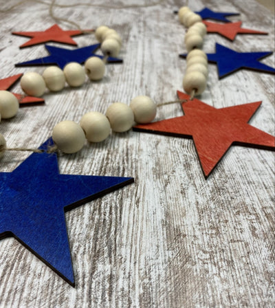 Patriotic Wood Bead Garland with Stained Stars for Fireplace Mantel, Laser cut Garland, Patriotic Wood Garland