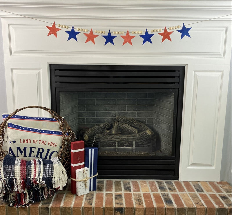 Patriotic Wood Bead Garland with Stained Stars for Fireplace Mantel, Laser cut Garland, Patriotic Wood Garland