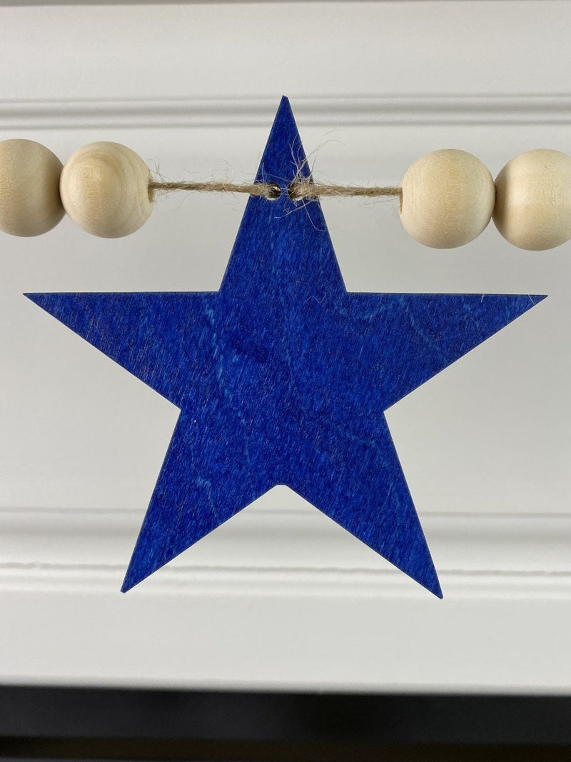 Patriotic Wood Bead Garland with Stained Stars for Fireplace Mantel, Laser cut Garland, Patriotic Wood Garland