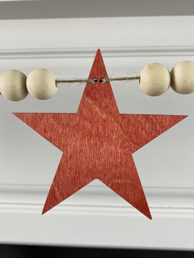 Patriotic Wood Bead Garland with Stained Stars for Fireplace Mantel, Laser cut Garland, Patriotic Wood Garland